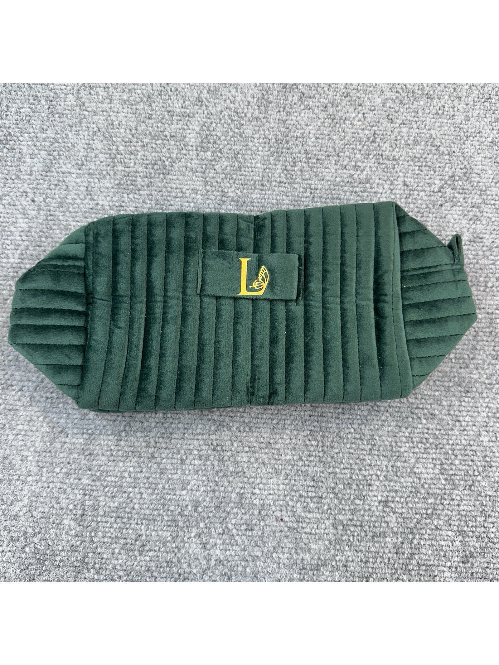 Monogram L Green Velvet Quilted Cosmetic Makeup Bag Travel Pouch Zipper
